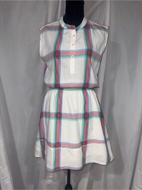 Hatley White Sleeveless Plaid Mini Dress with Teal, Coral, and Pink Stripes